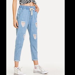 Drawstring Waist Ripped Jeans